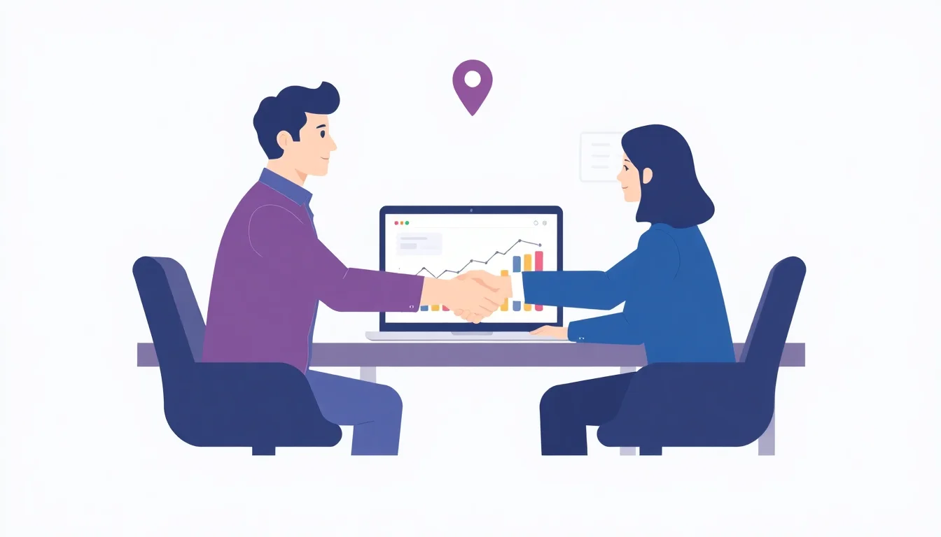 Business owner and digital marketing professional discussing strategy with analytics data visible.