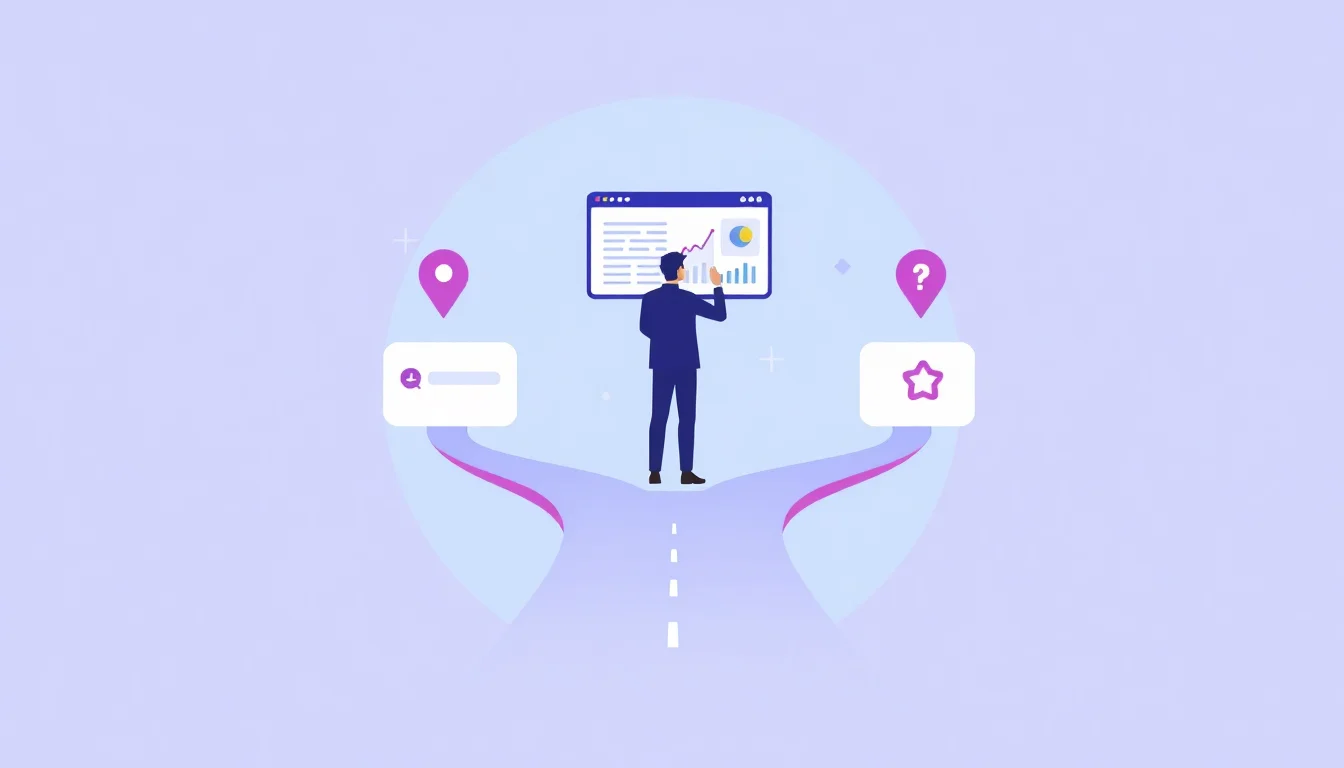 Business owner comparing two advertising platforms at a crossroads with performance metrics displayed.