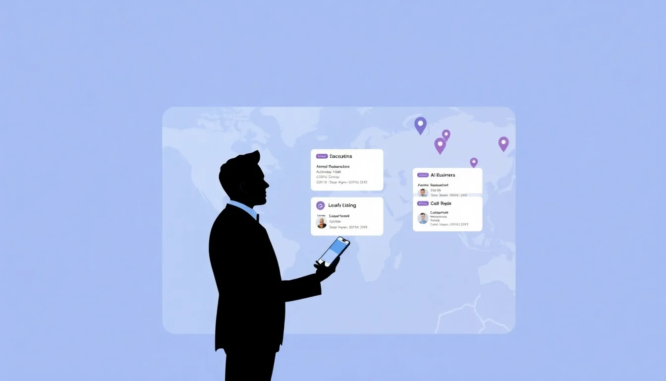 Business professional analyzing local search results and AI overviews on a digital map display.