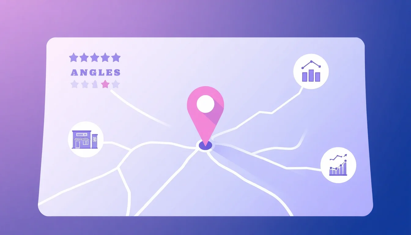 Digital map interface showing Los Angeles location pin with ranking factor icons around it.