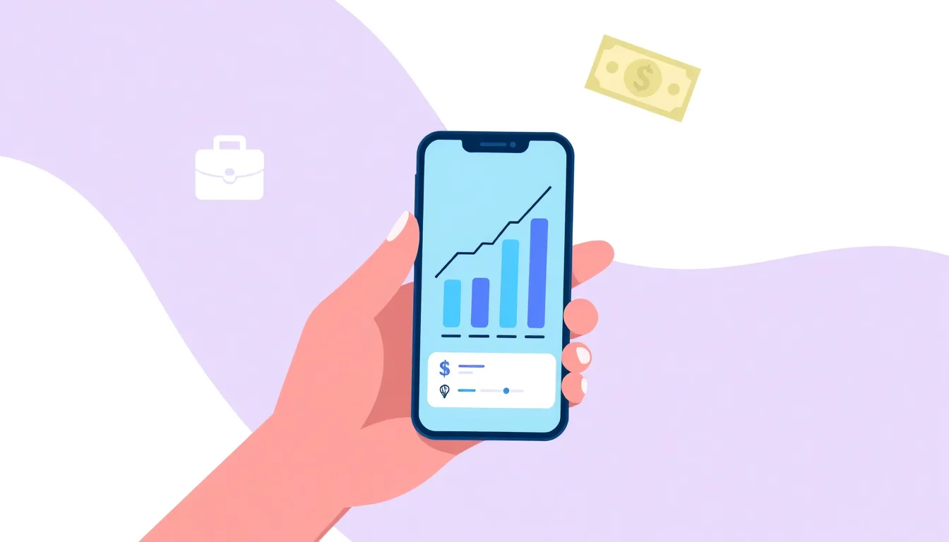 Hand reviewing Google Ads budget allocation on smartphone with upward trending metrics.