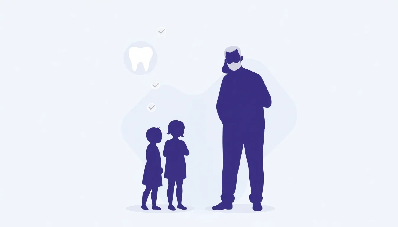 Three people of different ages standing together representing family dental care.