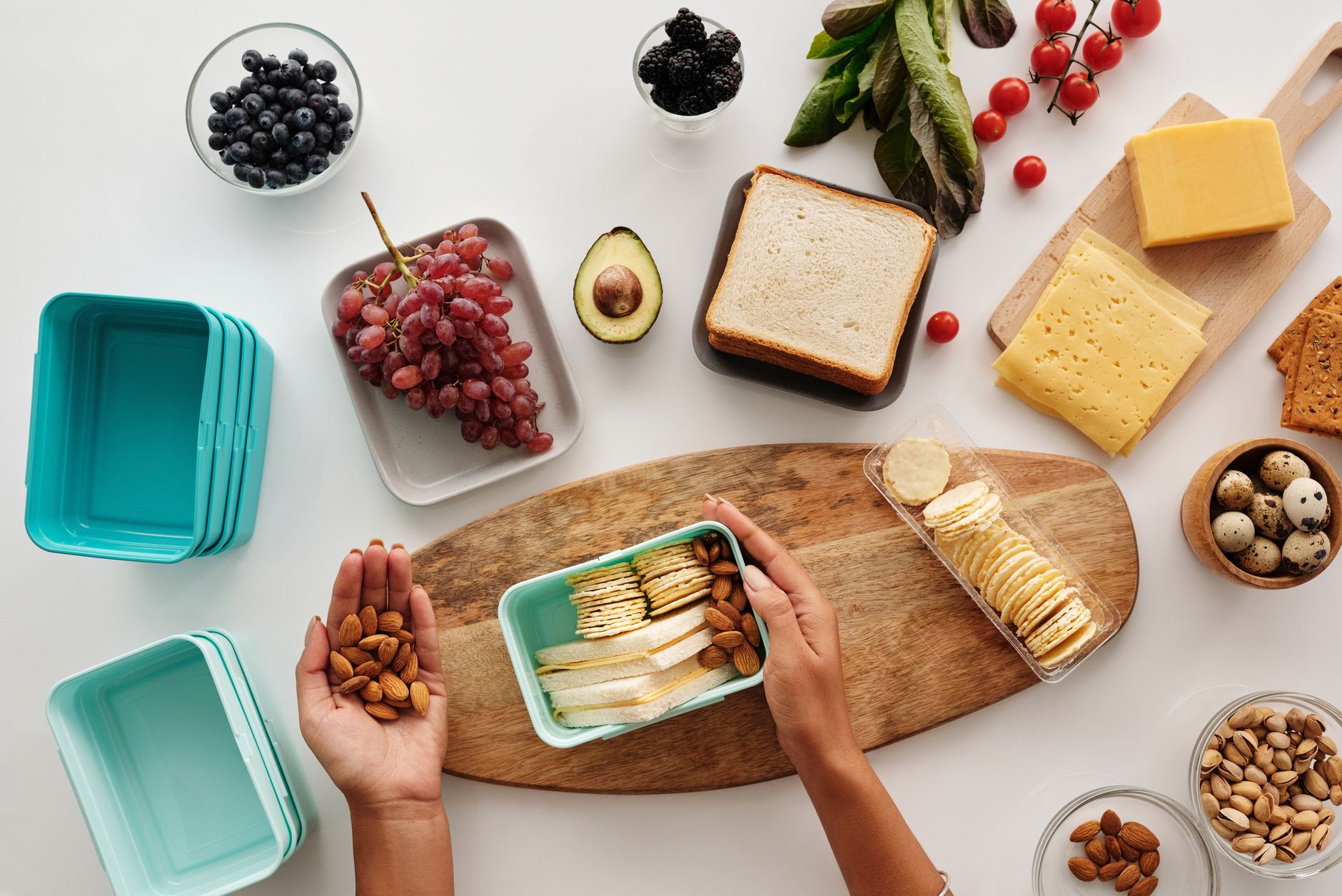Clean label snacks with visible natural ingredients and transparent packaging on wooden surface