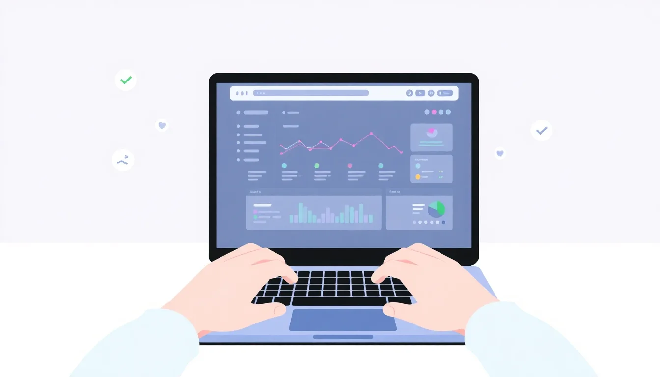 Person working at a laptop with automation workflows and task checkmarks flowing across the screen.