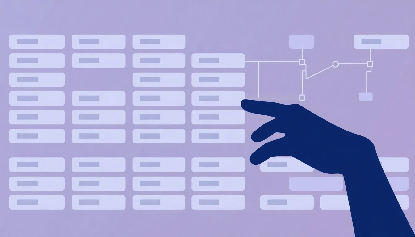 Person organizing database structure cards in neat rows for streamlined operations management.