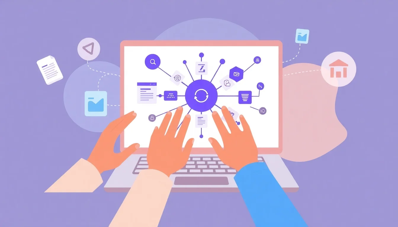 Startup team collaborating around a unified workspace platform with connected productivity tools.