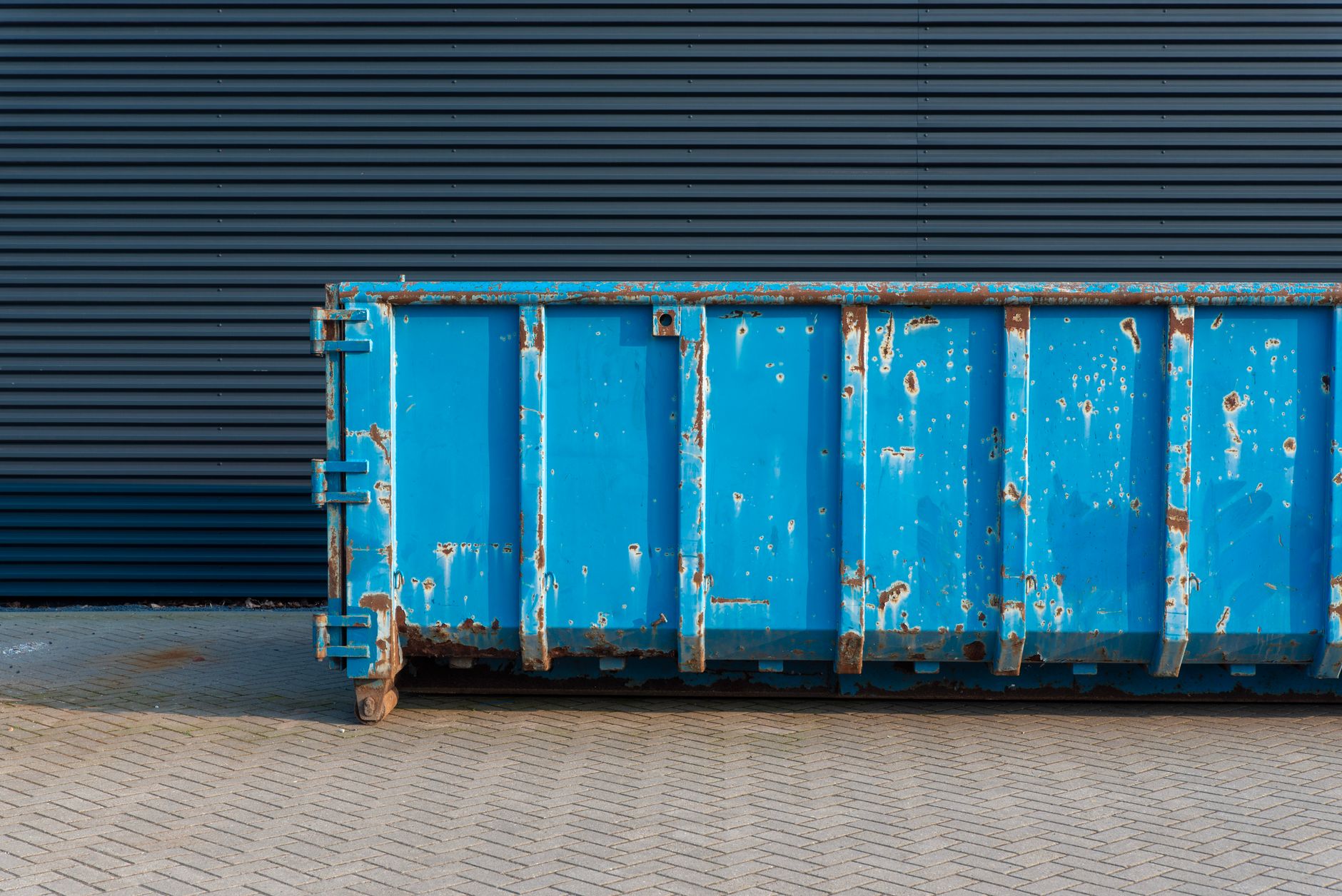 Large dumpster container positioned in residential driveway for waste collection and removal