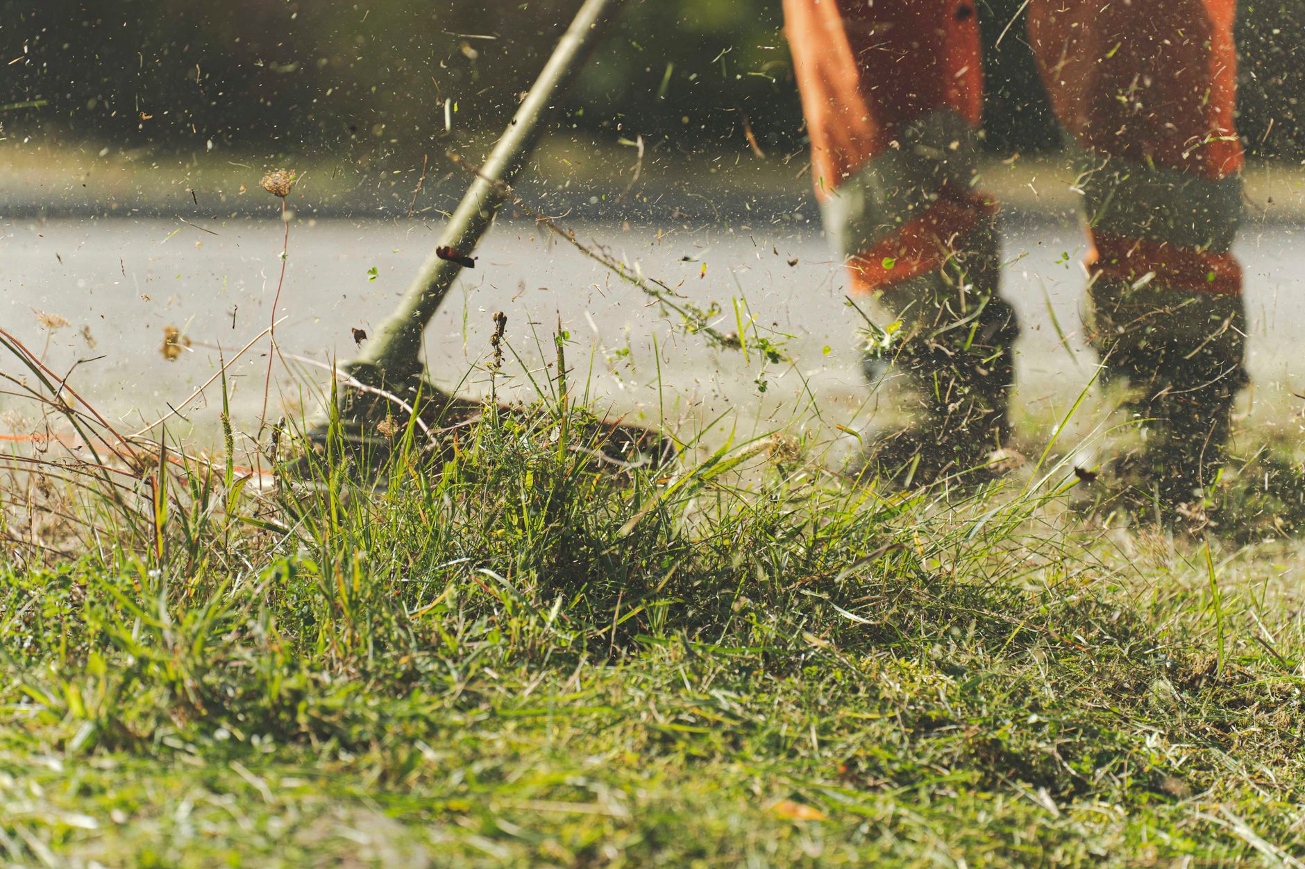 Professional landscaper mowing green residential lawn with push mower in Boise neighborhood