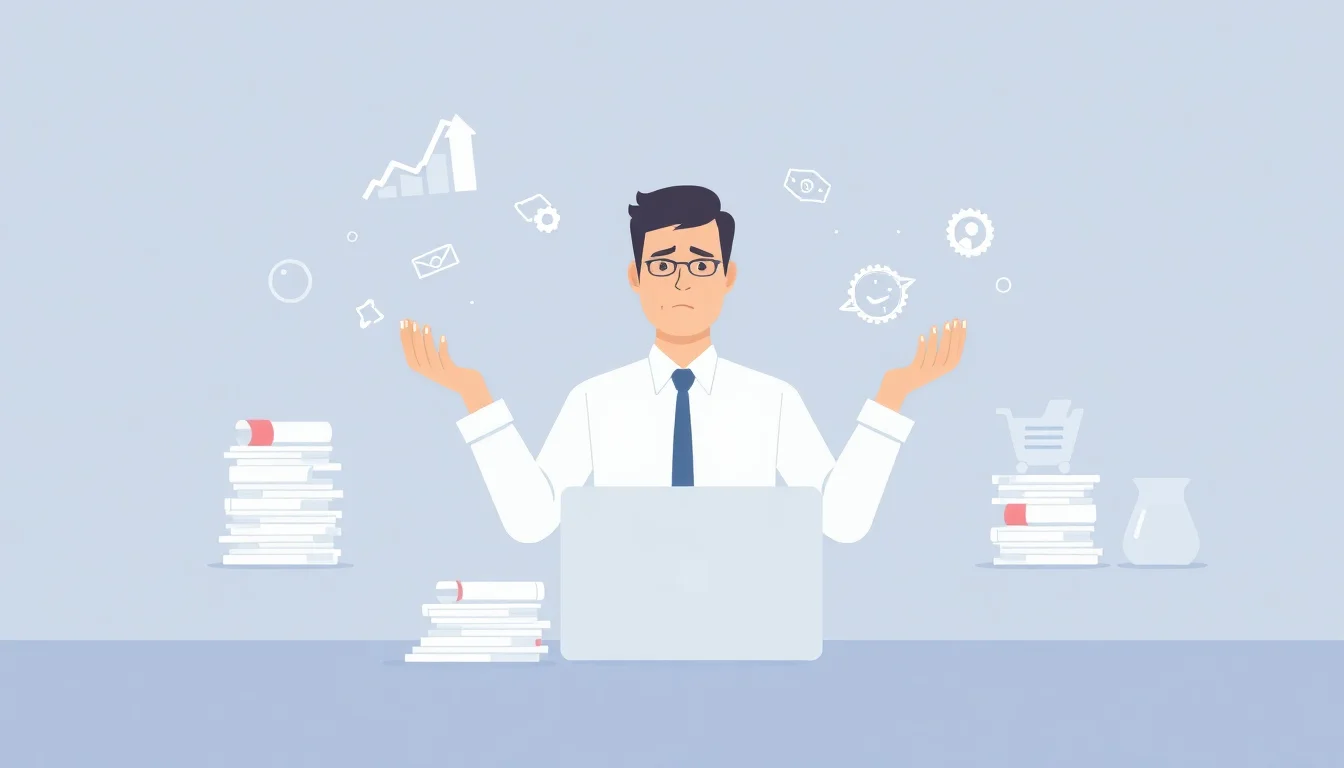 Small business owner drowning in repetitive tasks with declining revenue chart in background.
