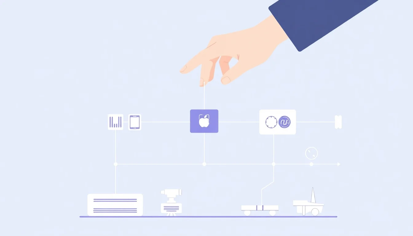 A hand connecting modular tools and workflow blocks in a lean operations setup.