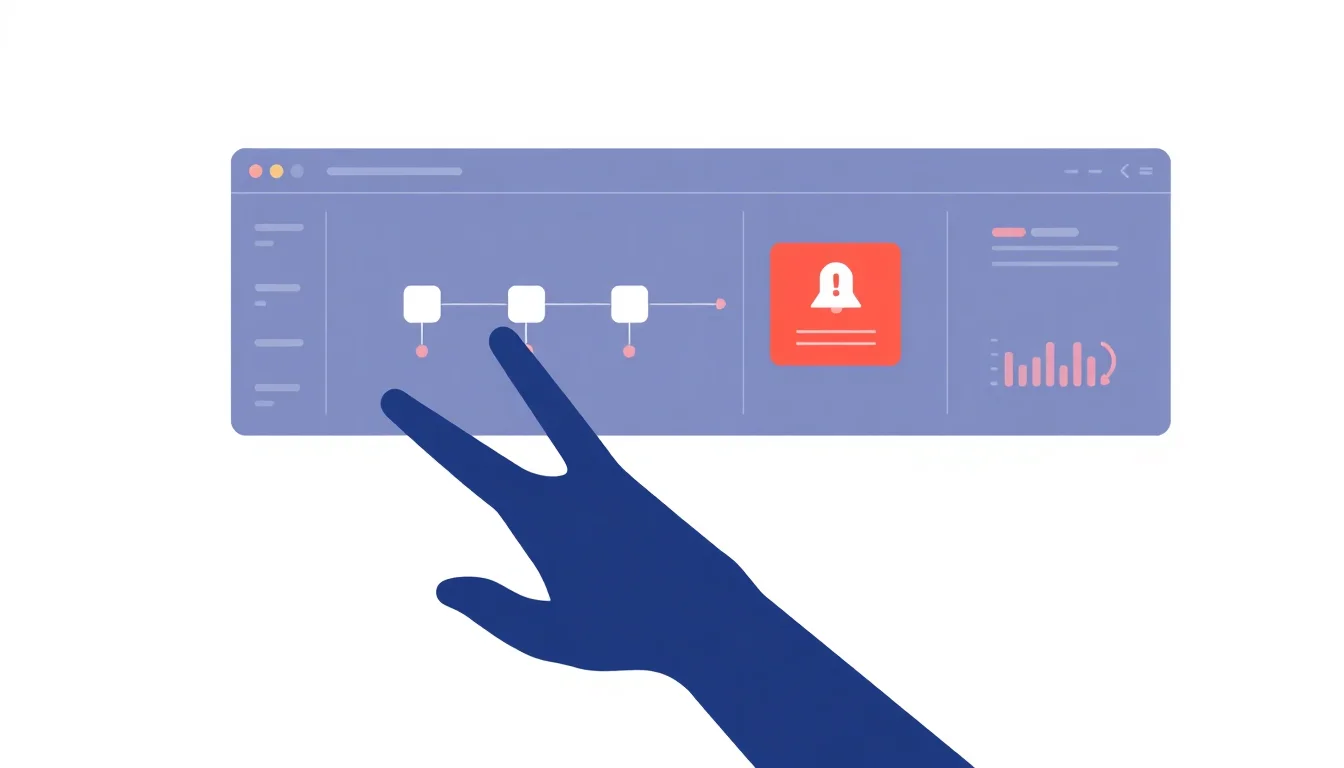 Dashboard showing workflow nodes with error alerts and a recovery notification system.