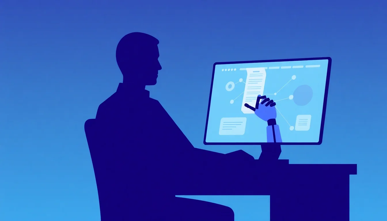 Person at desk watching an AI agent handle tasks autonomously on screen