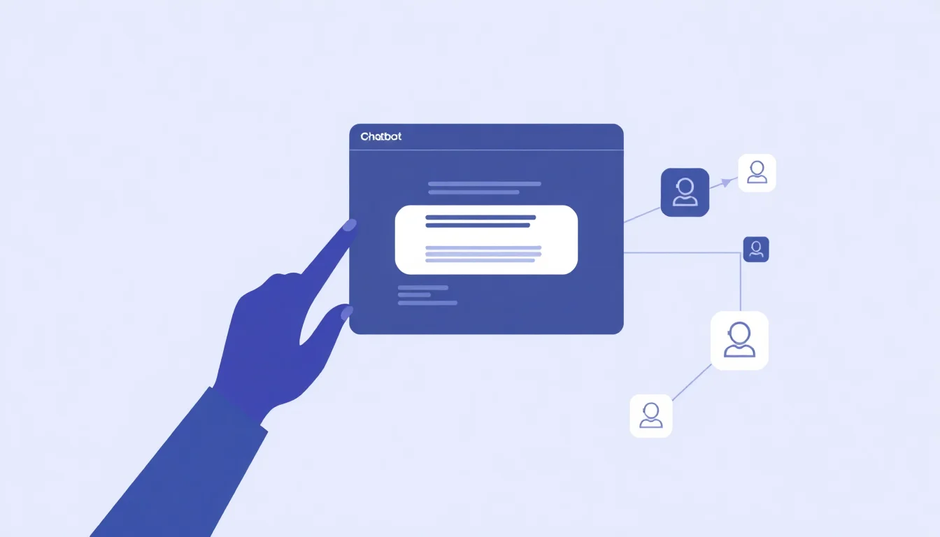 Hand interacting with a chatbot conversation window connected to multiple app integrations.