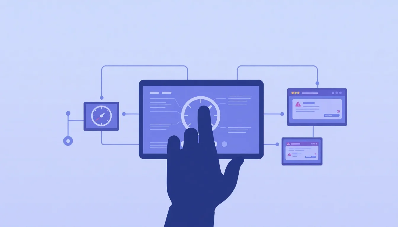 A hand adjusts monitoring controls on a workflow dashboard showing error alerts and system status indicators.