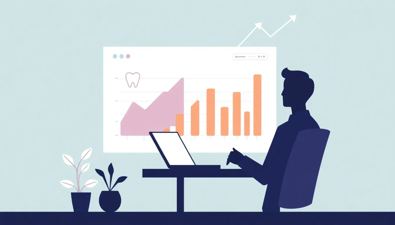 Dental practice owner analyzing marketing budget benchmarks and patient acquisition costs on a performance dashboard.