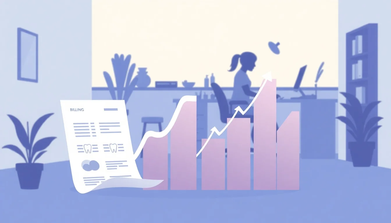 Dental practice billing documents with upward trending chart showing improved revenue.
