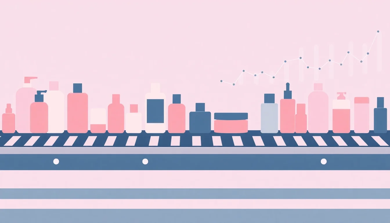 Abstract illustration showing beauty product manufacturing with labor cost benchmark data overlays