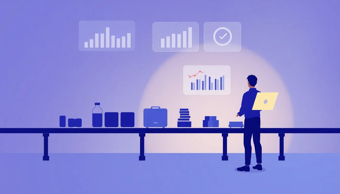 A worker monitors labor productivity data on a production line dashboard.