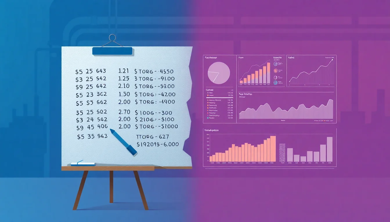 A whiteboard with manual tallies contrasted against a real-time production monitoring dashboard in a manufacturing facility