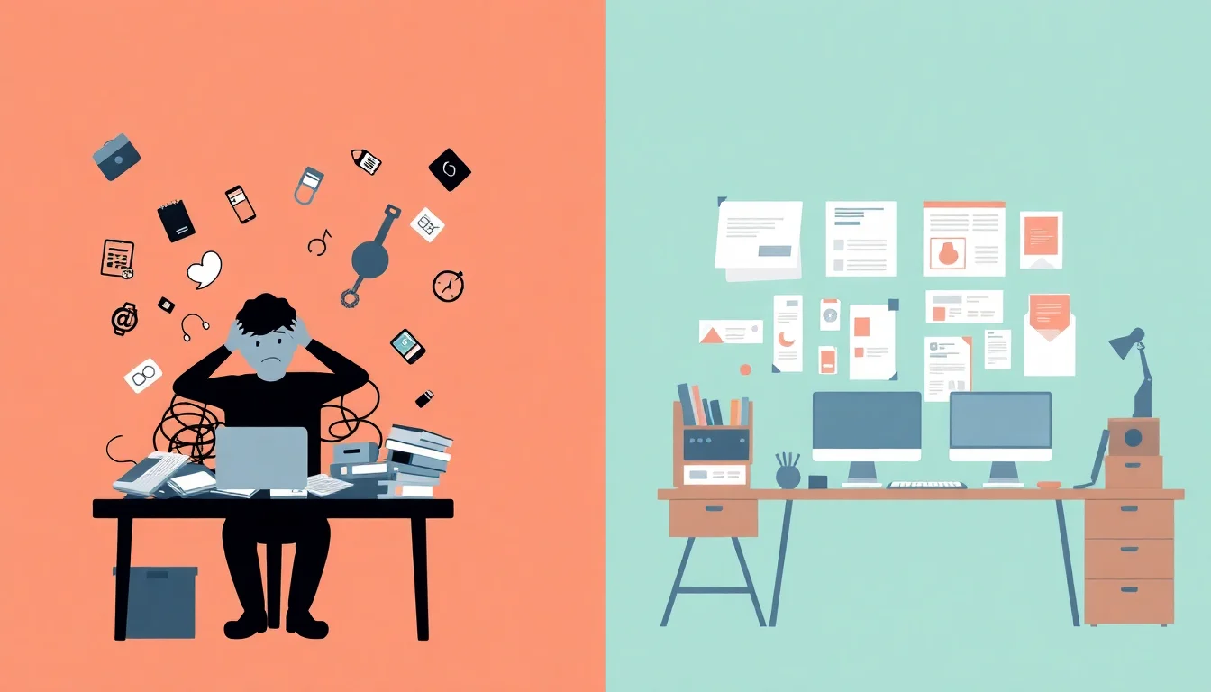 Cluttered workspace versus organized design setup, showing the cost of using wrong design tools.