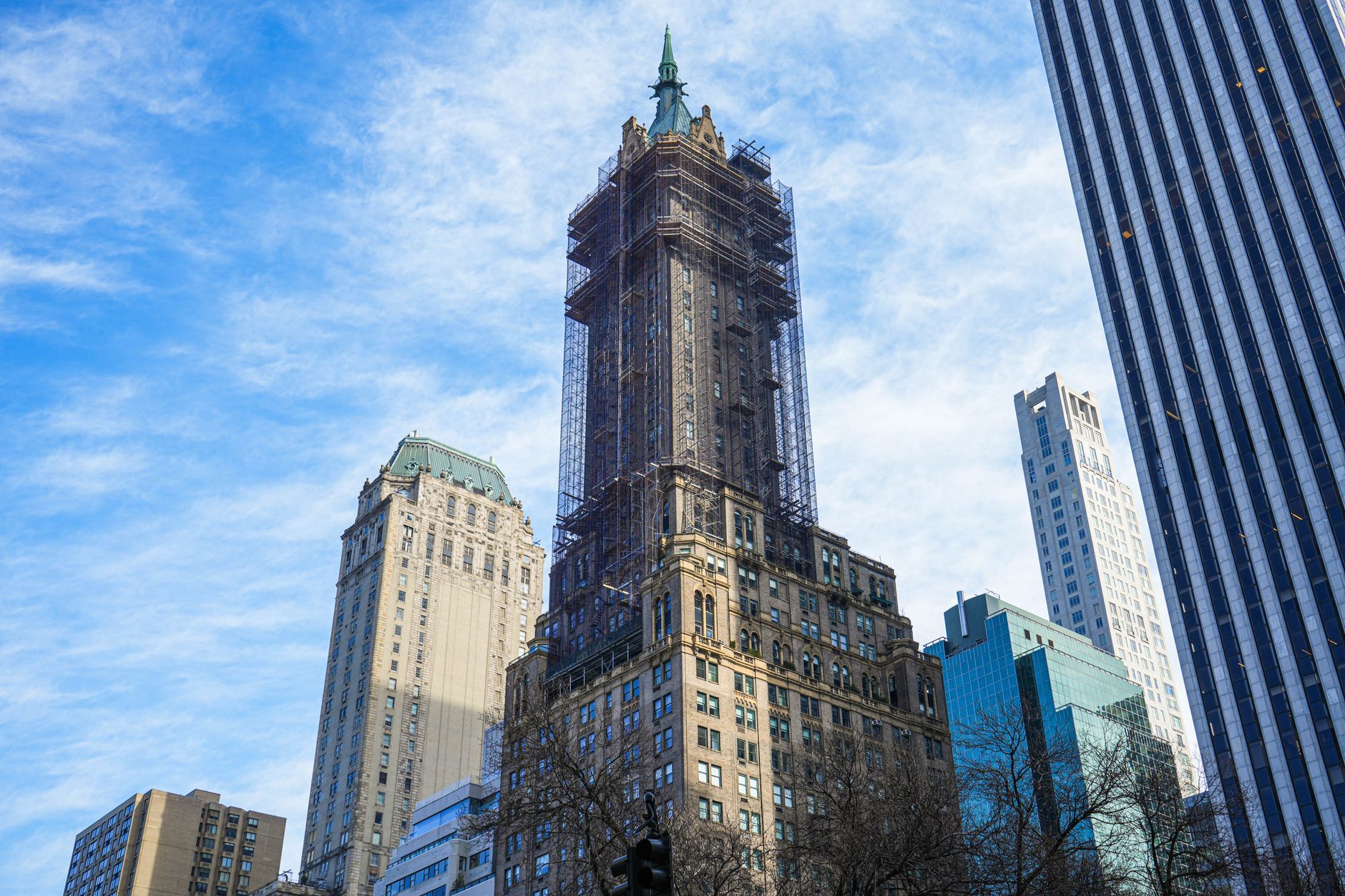 Modern commercial building in New York City with contemporary facade renovation and urban streetscape