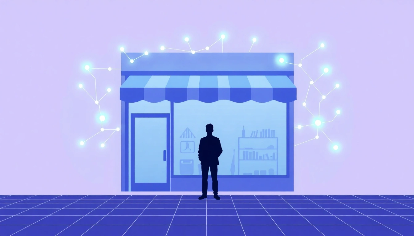 Local business storefront displayed on a digital map with AI connection nodes representing GEO content strategy visibility.