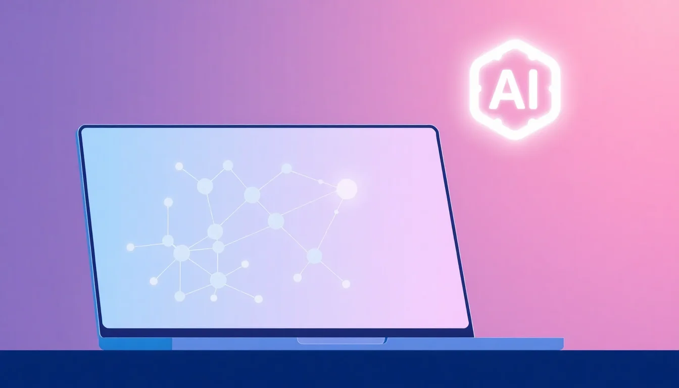 A laptop screen showing connected data nodes linking to an AI engine symbol, representing blog visibility.