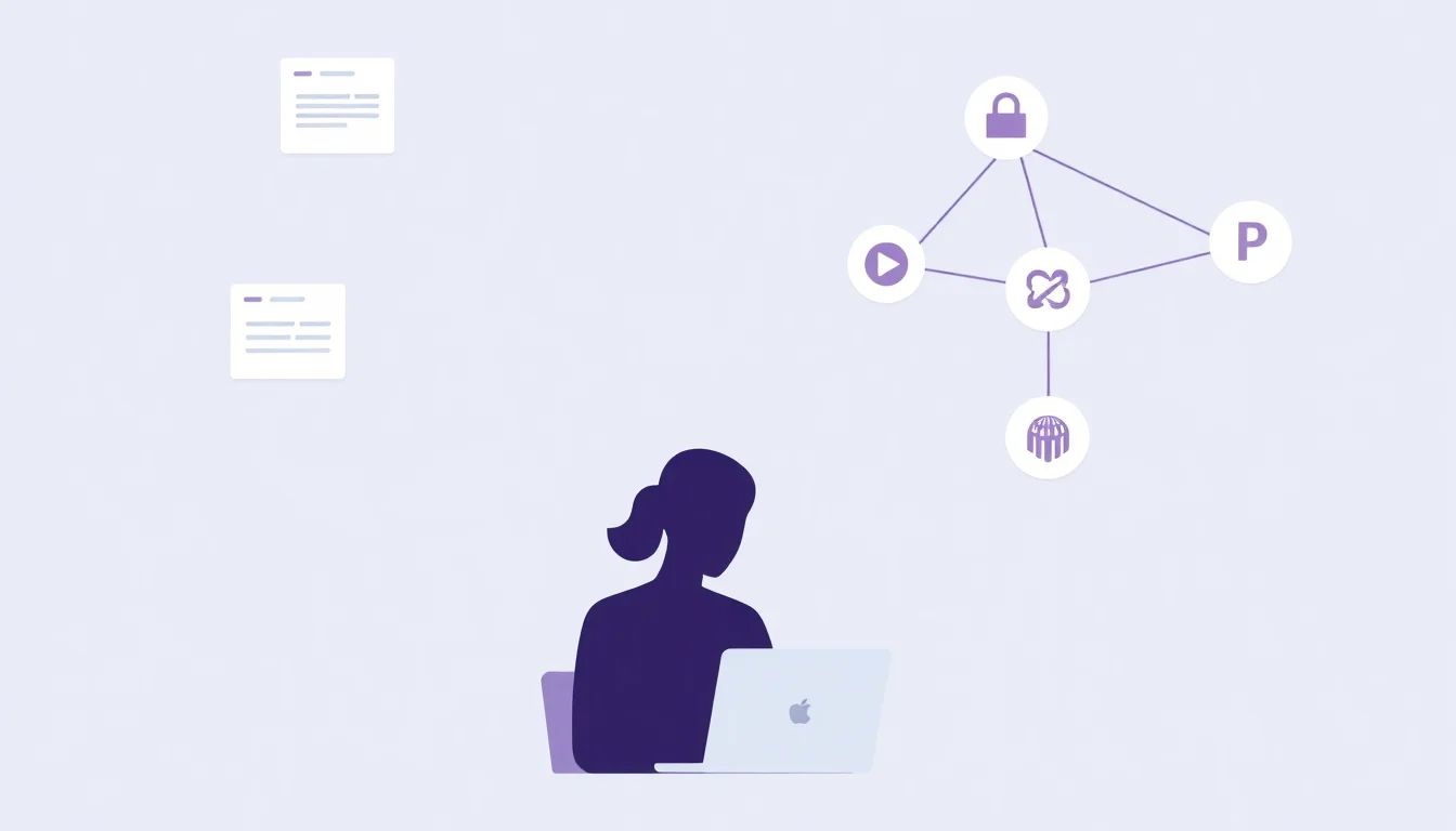 Person at a laptop with content flowing toward multiple AI engine sources through interconnected citation nodes.