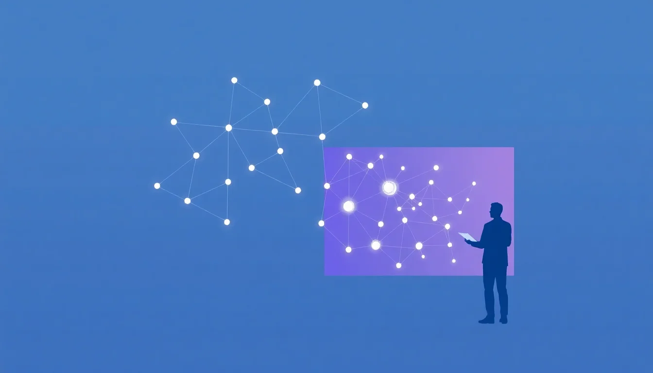 Connected network nodes representing topic clustering and domain authority building through strategic cross-linking.