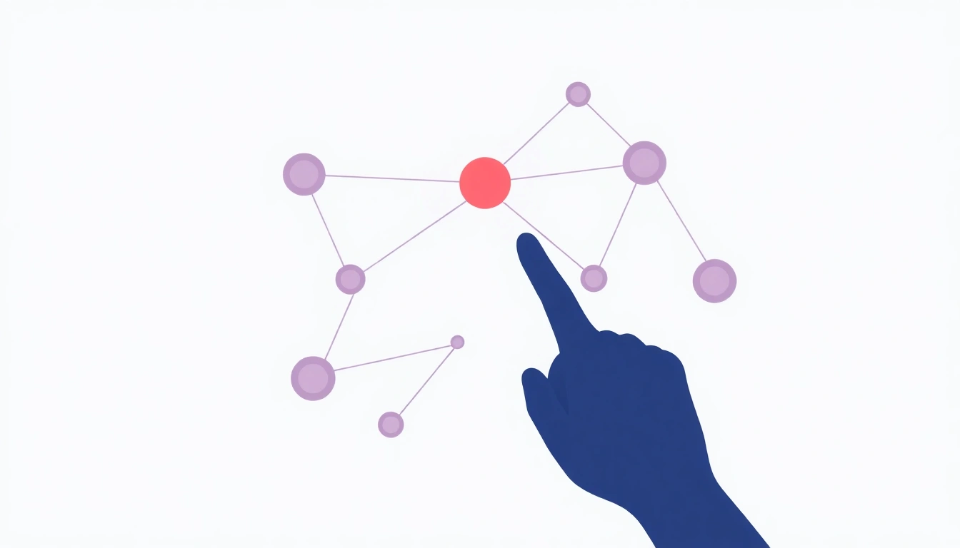 Hand selecting a highlighted node from an interconnected network representing relevance scoring.