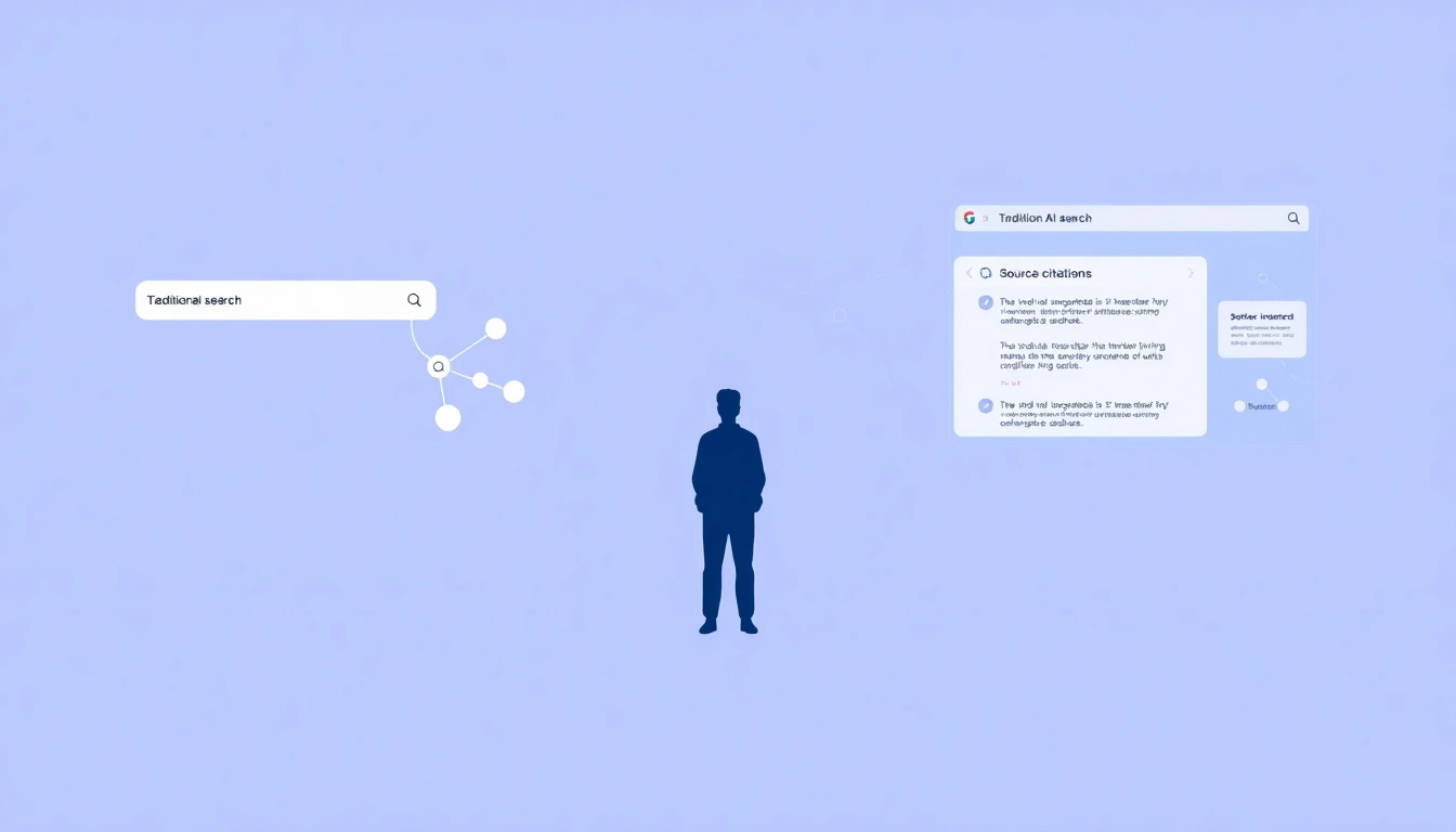 Person choosing between traditional search and AI engine paths showing prompt grounding and source citations.