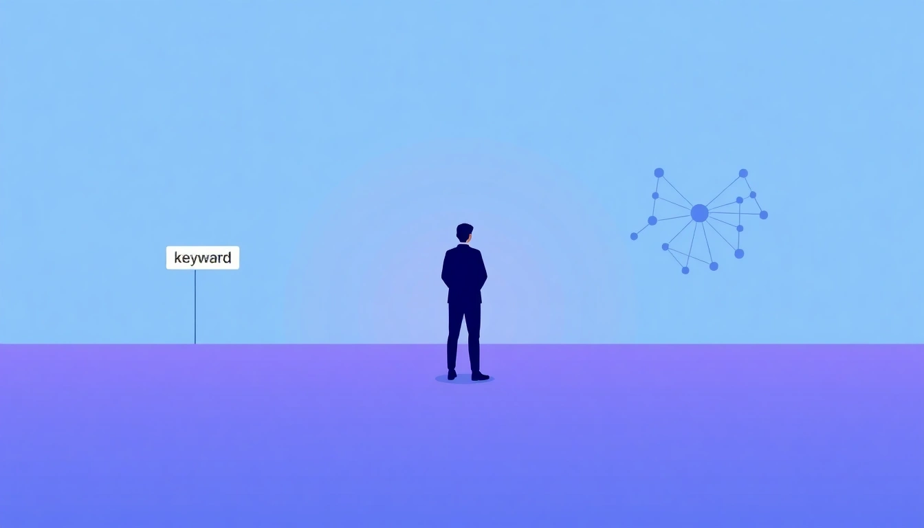 A person at a crossroads comparing traditional keyword search path with semantic search network concept.